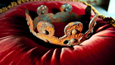 a rusted crown on a red velvet pillow